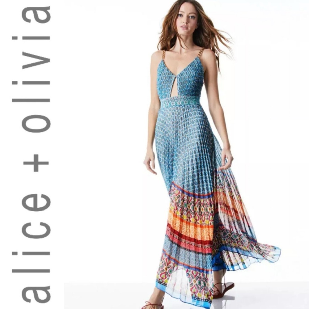 Alice + Olivia Gloria Chain-Strap Pleated Maxi Dress Size 4 - Picture 2 of 11